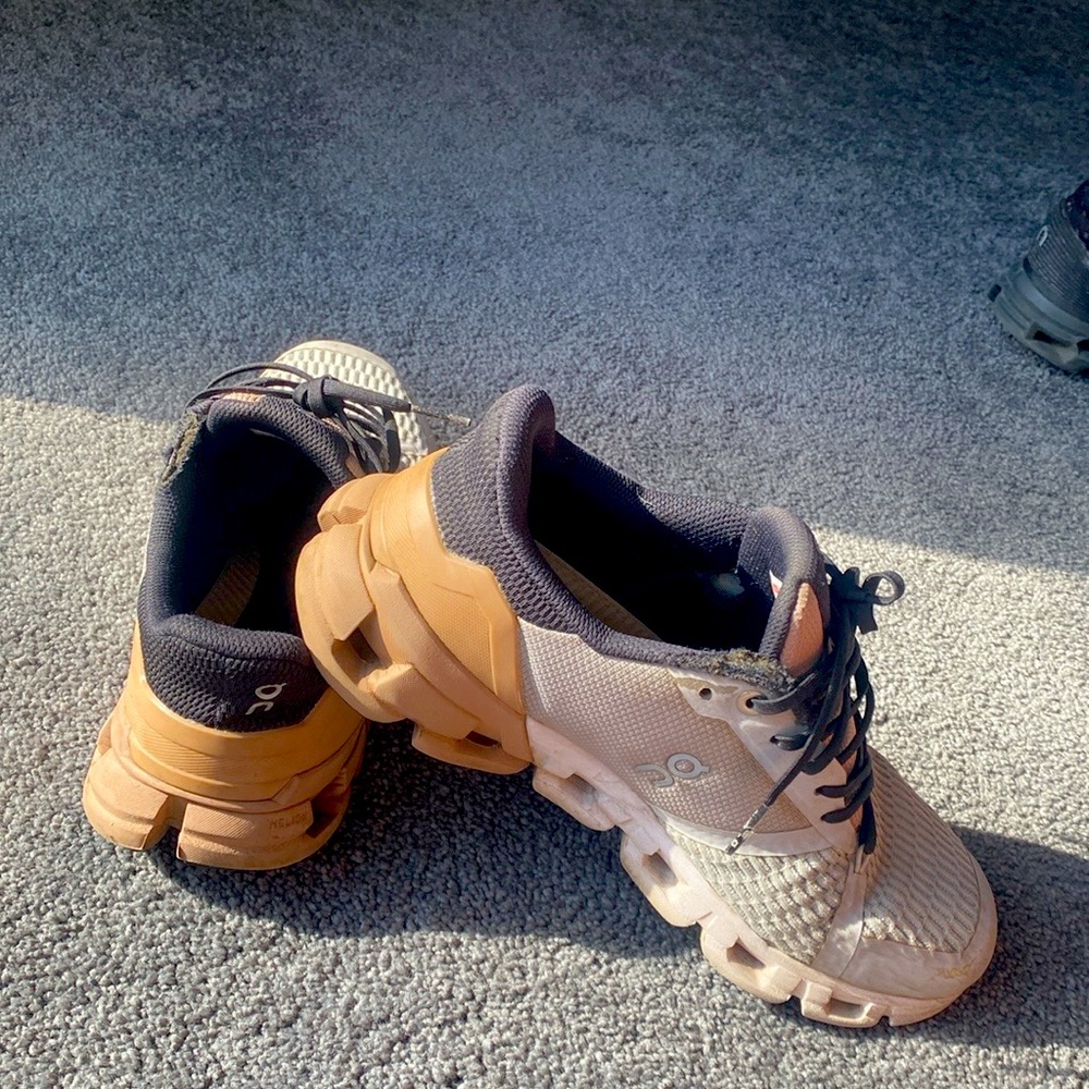 On running shoes. Size 7. Tan and grey.